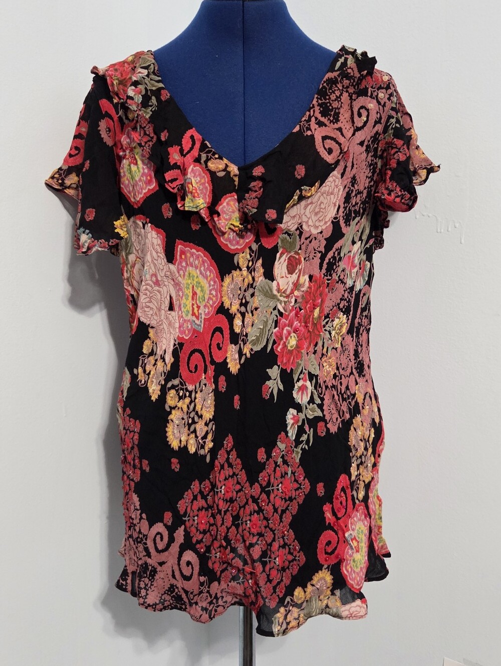 Y2K Black Floral Beaded Chiffon Ruffle Blouse Size 2X